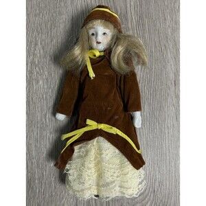 Vintage Bisque Porcelain & Cloth Body Dolll Blonde Victorian Brown Dress